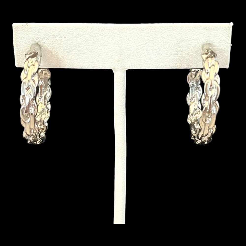 Vintage 1980s Silver Tone Hoop Earrings Textured Design - 3H